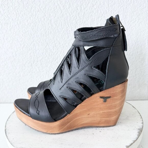 Lane Boots BECCA Womens Black Wedges 8 Western Sandals Cowgirl Wooden Heels - Picture 4 of 10